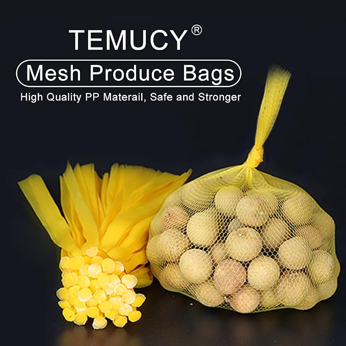 TEMUCY Plastic Mesh Produce Bags, 24 Inch Seafood Boil Bags for Crawfish Crab Shellfish Cooking (Yellow-100PCS)