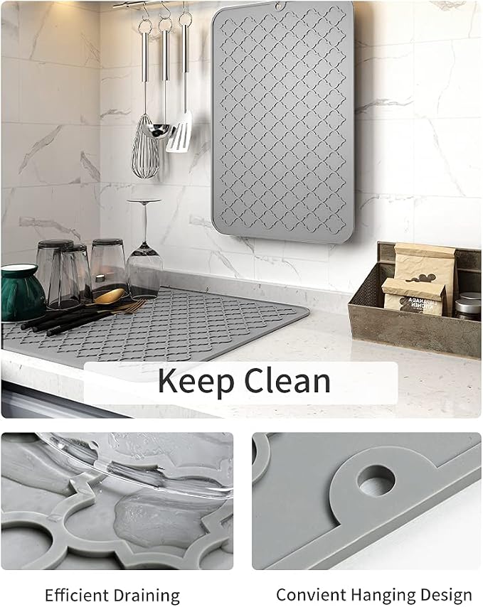 AMOAMI-Dish Drying Mats for Kitchen Counter-Silicone Dish Drying Mat-Kitchen Dish Drying Pad Heat Resistant Mat-Kitchen Gadgets Kitchen Accessories Kitchen Small Appliances(16" x 18", GREY)