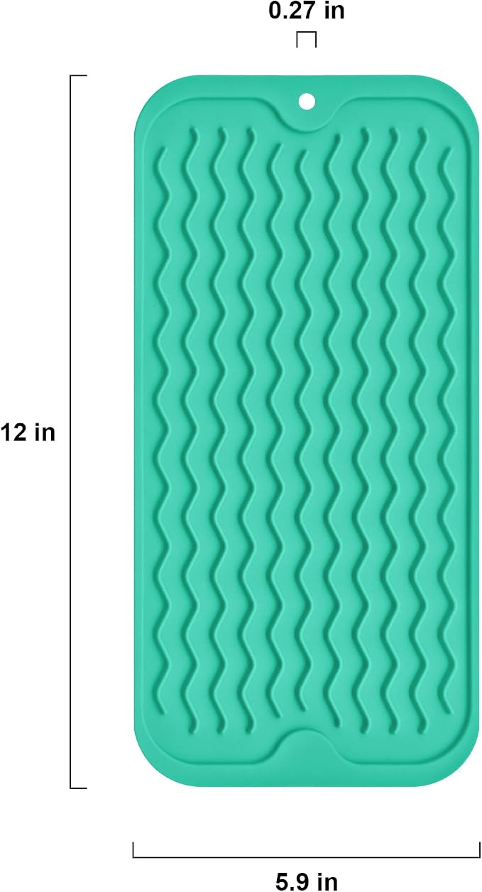 Silicone Dish Drying Mat, Non-Slip Easy Clean Sink Mat, Green, 12" x 6" | Quick-Dry Ridges, Large Heat-resistant Dish Drainer Mat for Kitchen Counter, Hangable & Roll-Up for Storage, Dishwasher Safe