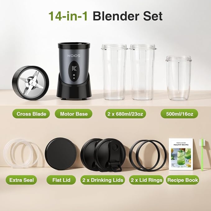 KOIOS Smoothie Blender Kitchen, 900W Personal Blenders with 3 To-Go Cups | (2) 23oz & 16oz Cups, Blend Smoothies Shakes Juices Frozen Drinks, Dishwasher Safe Part, Twist-Lock, 14Pcs, Recipe, Grey Blue