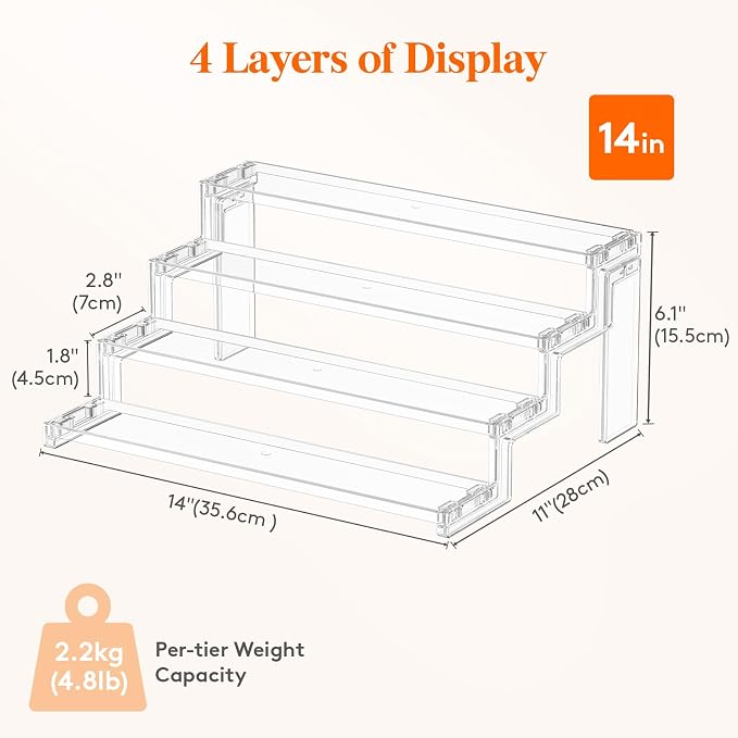 Lifewit 14″ Spice Rack, Perfume Cologne Stand,Tool-Free Assembly, 1 Pcs | 4-Tier Clear Display Riser Shelf, Cupcake Stand, Seasoning Figurine Makeup Holder, Room Decor, Kitchen Cabinet Storage