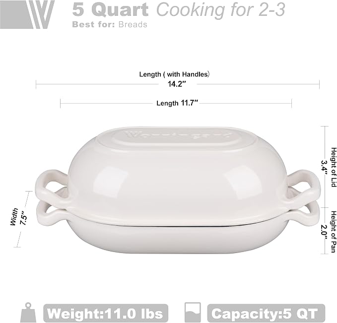 VORRINGARD Enameled Cast Iron Sourdough Bread Oven, Dutch Oven, Loaf Cast Iron Bread Pan for Homemade Bread Baking, Meatloaf Pan with Lid, 5QT, White