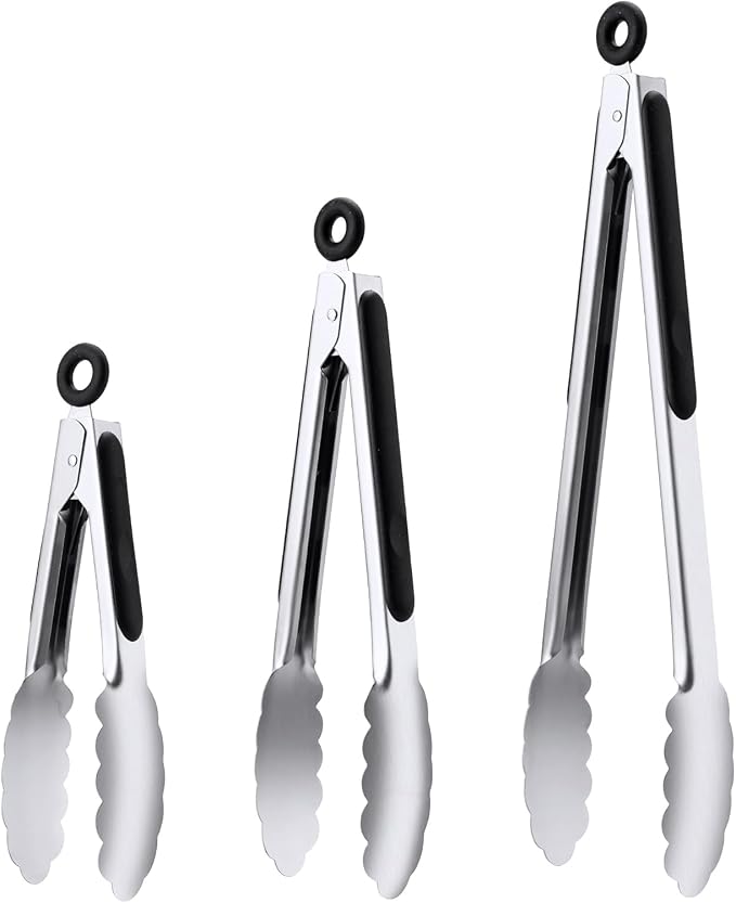7/9/12 Inch Kitchen Tongs Set, Stainless Steel Cooking Tongs (7"+9"+12") | For Cooking/Serving/Grilling | Heat-Resistant | Dishwasher Safe