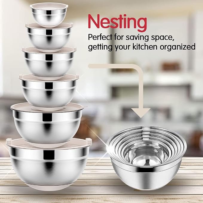 Rottay 20PCS Stainless Steel Mixing Bowls with Airtight Lids Set | Includes 3 Grater Attachments and Non-Slip Bottoms with Size 7, 4, 3, 2, 1.5, 1QT Nesting Bowls for Baking, Meal Prep
