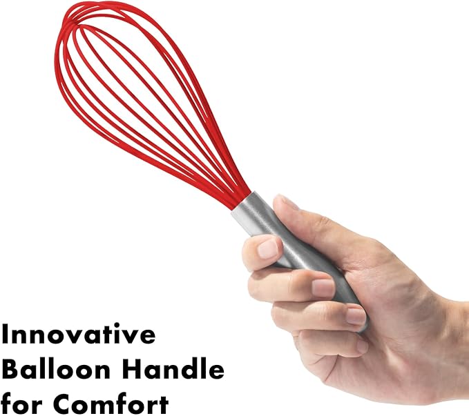 OYV 10-Inch Red Silicone Whisk, Non-Scratch, 18/10 Stainless Steel Handle | 480°F Heat Resistant, BPA-Free Silicone, Sealed Waterproof Handle, Nonstick-Safe, Dishwasher Safe
