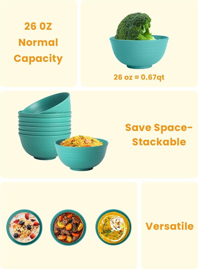 Wheat Straw Bowls, Cereal Bowls, Plastic Bowl Alternative, Set of 8, Unbreakable Microwave Safe Bowls for Soup, Salad, Dinner, Cereal, Snack, Dishwasher Safe for Kitchen, Party (Green, 26 OZ)