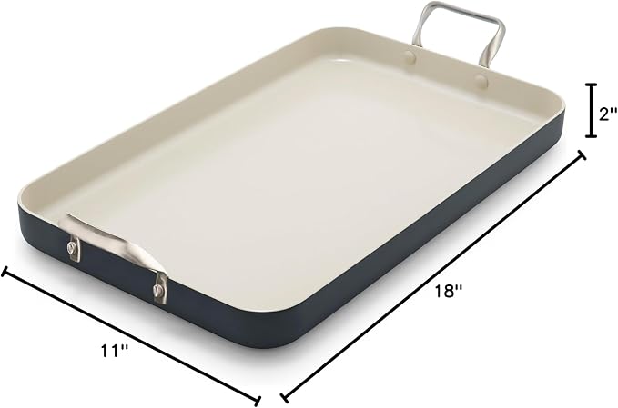 GreenPan 18" x 11" Double Burner Griddle Pan, Hard Anodized Healthy Ceramic Nonstick PFAS-Free, Stainless Steel Handles, Stovetop Cooking, Dishwasher Safe, Oven & Broiler Safe Cookware, Black