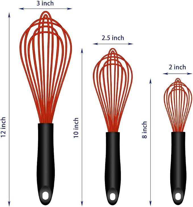 OYV Red Silicone Whisk Set of 3, 8/10/12 Inch, Dishwasher Safe | Sealed Waterproof Handles, Non-Scratch Silicone-Coated Wires, Nonstick-Safe, Durable Stainless Steel Cores, Easy To Clean