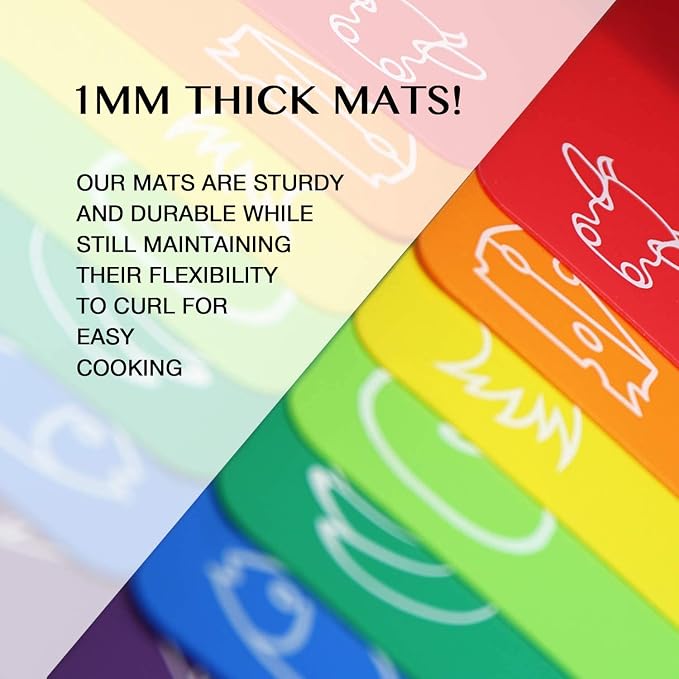 Fotouzy Plastic Cutting Boards for Kitchen, Flexible Cutting Mats Set of 7 with Food Icons, BPA-Free, Upgrade 100% Anti-skid, Dishwasher Safe, 15x12 In, Rainbow Colors