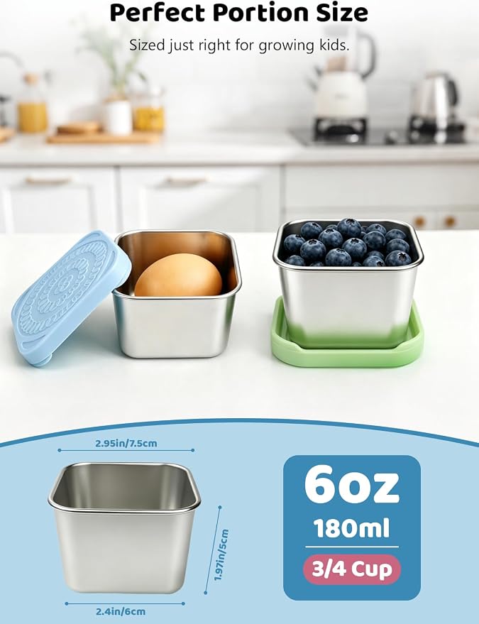 HTEVW 6 Pack Stainless Steel Snack Containers for Kids, 6 oz Food Container | Reusable leak resistant silicone lids food containers . Perfect for school lunch, daycare, travel and portion control.