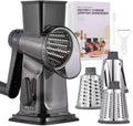 Rotary Cheese Grater with Handle Kitchen Shredder Slicer Grater Slicer Ice Shaver Cheese Vegetable Nuts Potato Zucchini Chocolate 3 Interchangeable Blades (Dark Grey TSP)