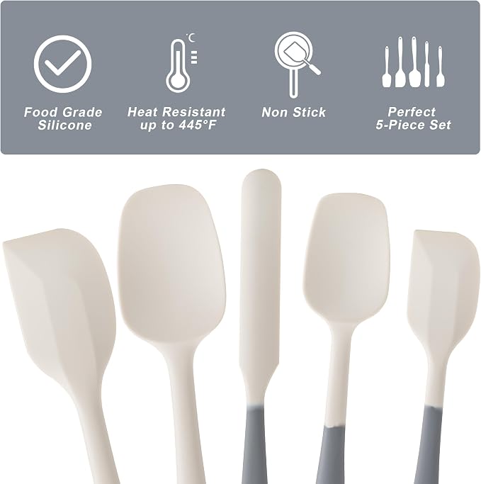 Silicone Spatula Set,5 Piece Food Grade Rubber Spatulas,Gray+White | Spatulas Silicone Heat Resistant for Baking,Cooking,and Mixing High Heat Resistant Non Stick Dishwasher Safe BPA-Free
