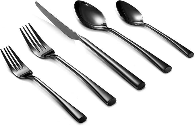 Alata Bailey Black 20-Piece Forged Stainless Steel Flatware Set Cutlery Set, Service for 4, Silver Finish, Dishwasher Safe
