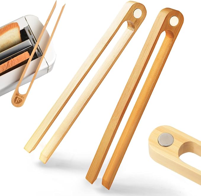 Magnetic Bamboo Toaster Tongs: 100% Natural 8.7” Wood Kitchen Toast Tongs| Eco-Friendly, Space Saving Modern Kitchen Accessory for Home Restaurant | Set of 2