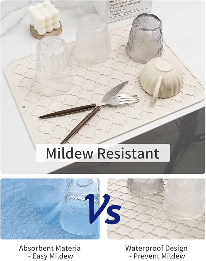 AMOAMI-Dish Drying Mats for Kitchen Counter-Silicone Dish Drying Mat-Kitchen Dish Drying Pad Heat Resistant Mat-Kitchen Gadgets Kitchen Accessories Kitchen Small Appliances(16" x 18", BEIGE)