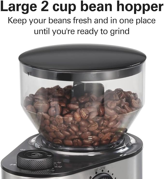 Hamilton Beach Electric Burr Coffee Grinder with Large 16 oz. Hopper | 18 Grind Settings For Espresso To French Press Coffee | Makes 2-14 Cups | Auto Shutoff | Easy Clean | Stainless Steel | 80385