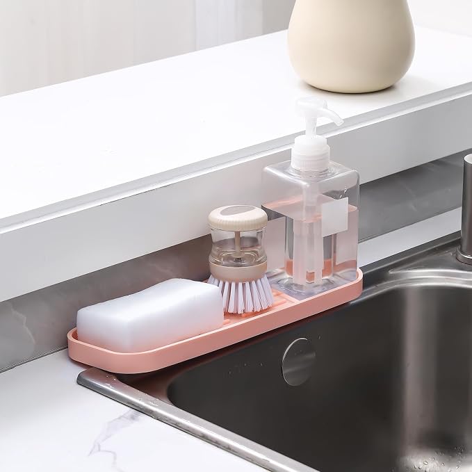 MicoYang Silicone Kitchen Sink Organizer Tray for Multiple Usage,Easy Clean,Eco-Friendly Sponges Holder for Kitchen Bathroom Counter or Sink,Dish Soap Dispenser,Scrubber,Bottle,Cup Pink 12" x 4”