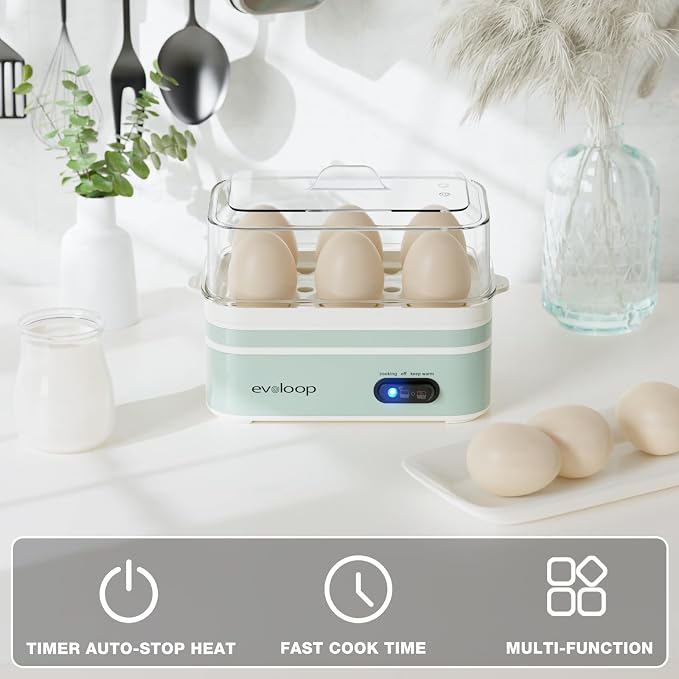 Evoloop Rapid Egg Cooker Electric 6 Eggs Capacity, Soft, Medium, Hard Boiled, Poacher, Omelet Maker Egg Poacher With Auto Shut-Off, BPA Free (Retro Green)
