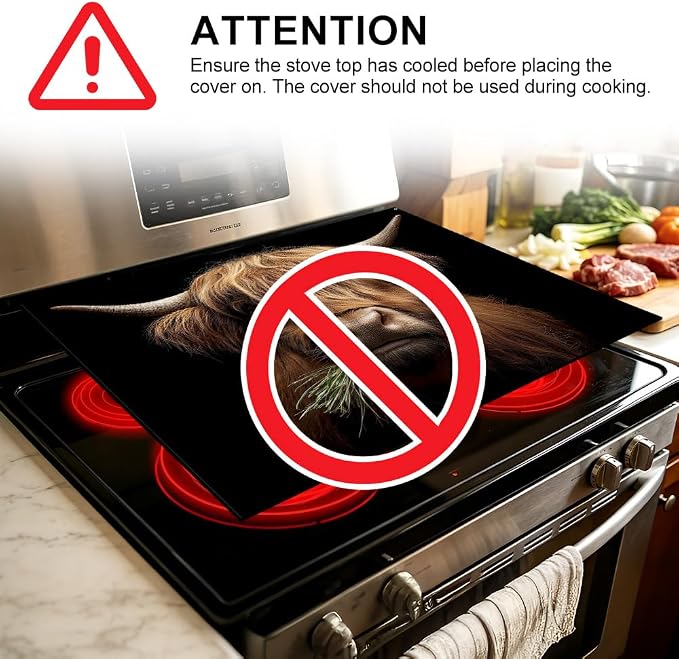 Highland Cow Stove Top Cover, Brown Highland Cow Farmhouse Style | Non-Slip Washable Cooktop Protector Mat for Glass & Electric Stoves, 28.4 x 20.5 in