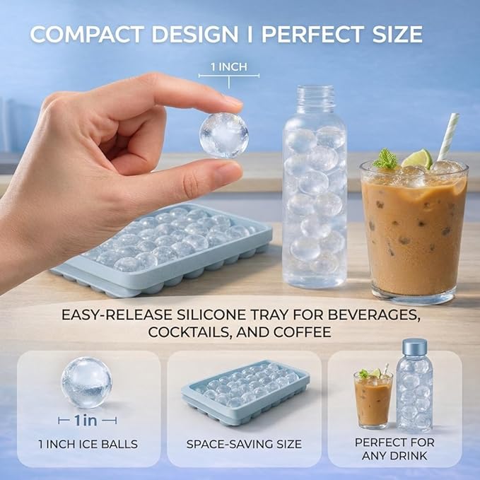 Ice Cube Tray with Lid and Bin, 1" Round Ice Trays for Freezer | 2 Blue Ice Cube Trays with Ice Box & Tong, 1" Round Ice Balls for Iced Coffee & Juice, Easy Twist Release, For Gatherings