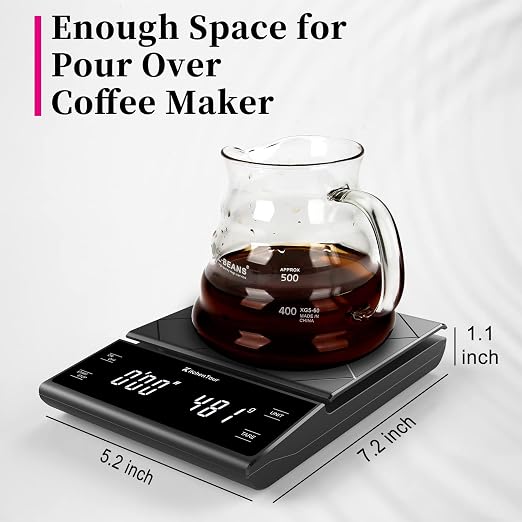 KitchenTour Coffee Scale with Timer for Brew Artisanal Java - Pour Over Scale for Slow Drip and French Press Coffee - Multifunction Kitchen Food Scale with Grams and oz