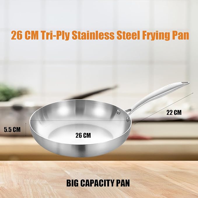 LOLYKITCH 10-Inch Tri-ply 26 cm Stainless Steel Frying Pan,Skillet,Induction Cooking Pan,Dishwasher and Oven Safe,Riveted Handle.