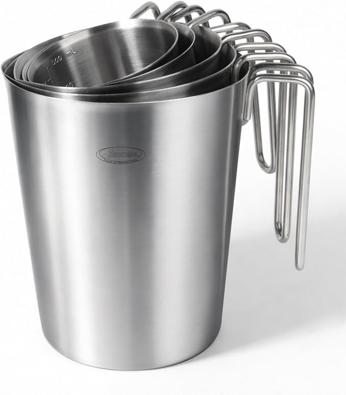 Newness 5-Pack Stainless Steel Measuring Cups Set, Metal Measuring Cup | (3 Marking, Cup/ML/Oz Scale)(2, 3, 4, 6 & 8 Cup) Metal Measuring Cup with Handle For Prepping, Baking and Cooking, Dishwasher