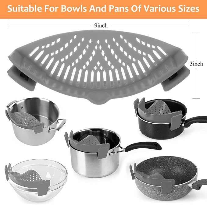 YEVIOR Clip on Strainer for All Pots Pan,Silicone Pasta Strainer | Food-grade BPA-free,Kitchen Gadgets, Food Strainer Collapsible Colander for Noodle,Vegetables,Fruit,Spaghetti (Grey)