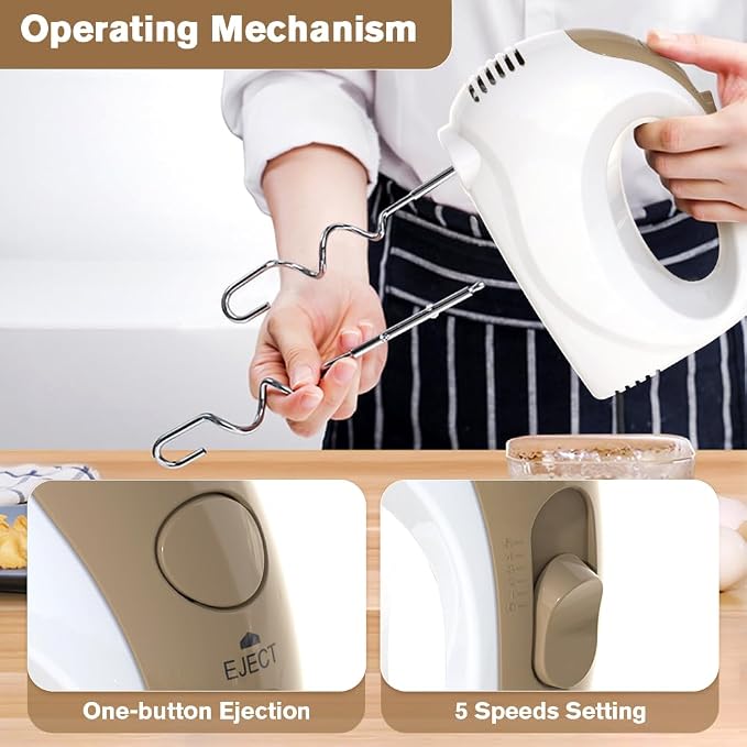 5-Speed Electric Hand Mixer with Whisk, Traditional Beaters, 120 Watts,Portable & Lightweight, Blending or Cooking White