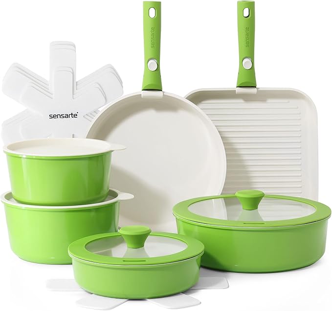 SENSARTE 17 Piece Ceramic Detachable Handle Pots and Pans Set Green | Ceramic Cookware Set, Induction Cookware Set with Removable Handle, Healthy Non Stick for RV, Dishwasher ＆ Oven Safe
