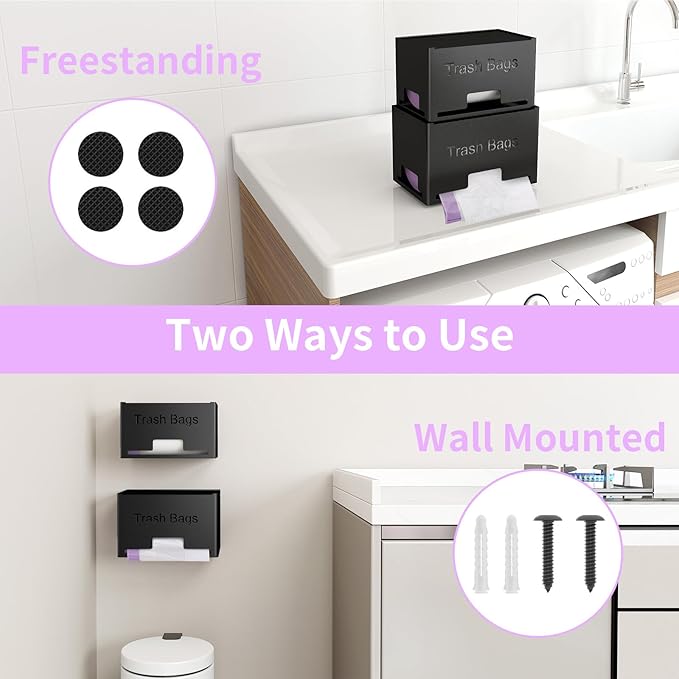 STWWO 2-Pack Trash Bag Holder Dispenser, Stackable Garbage Bag Dispenser | Extra Large Trash Organizer for Kitchen Laundry Under Sink, Wall Mounted or Freestanding, Metal Black