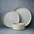 Famiware Star Stoneware Dinnerware Set, Reactive Glaze Plates & Bowls for 4 | 12 pcs Handmade Ribbed Dishes, Chip & Scratch Resistant Ceramic. Microwave & Dishwasher Safe, Modern Luxury, Cappuccino White