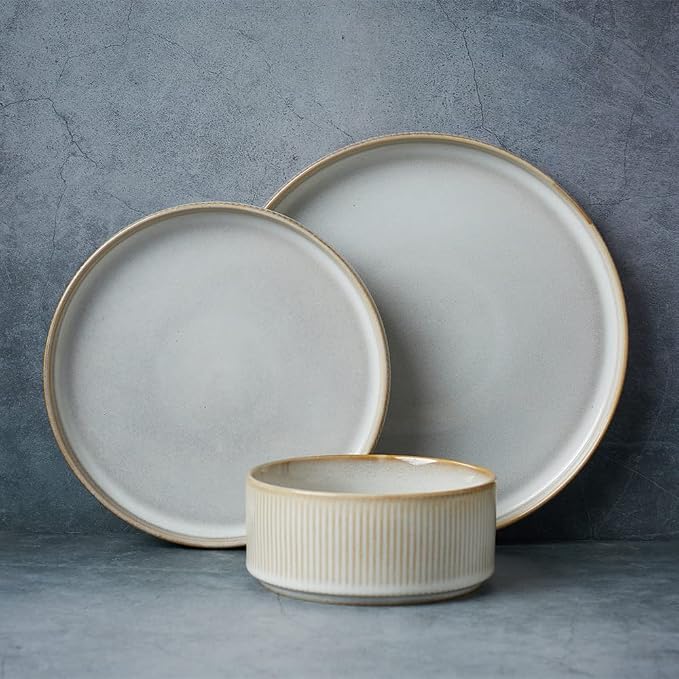 Famiware Star Stoneware Dinnerware Set, Reactive Glaze Plates & Bowls for 4 | 12 pcs Handmade Ribbed Dishes, Chip & Scratch Resistant Ceramic. Microwave & Dishwasher Safe, Modern Luxury, Cappuccino White