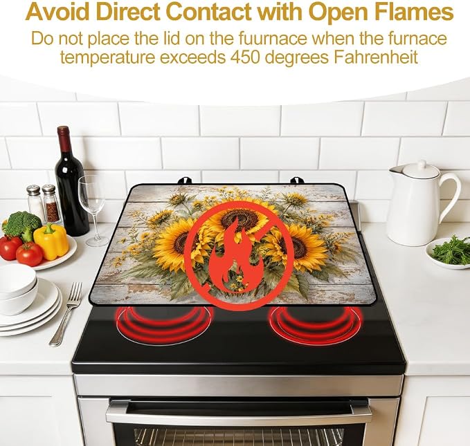 Sunflower Farmhouse Stove Top Cover for Electric Gas Glass Stove | Sunflower kitchen decor, yellow floral; non-slip stovetop cover, glass cooktop noodle board, rustic fall counter mat