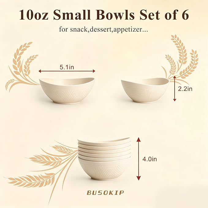 Dessert Bowls 10oz, Wheat Straw Bowls Set of 6, Unbreakable Plastic Bowls Reusable for Breakfast, Snack, Dessert, Side Dish, Microwave Safe Kitchen Bowls for Party, RV, Camping - Beige