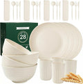 PYRMONT 28 Piece Wheat Straw Dishware Sets Unbreakable Plates and Bowls Sets for 4 Plastic Dishes Set Alternative Microwave & Dishwasher Safe Bowls for Kitchen,Picnic Set-Beige