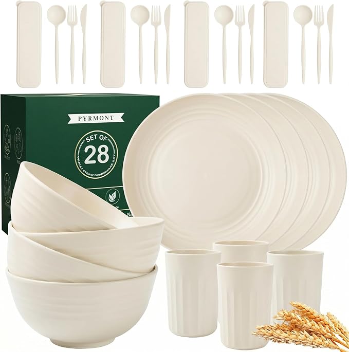PYRMONT 28 Piece Wheat Straw Dishware Sets Unbreakable Plates and Bowls Sets for 4 Plastic Dishes Set Alternative Microwave & Dishwasher Safe Bowls for Kitchen,Picnic Set-Beige
