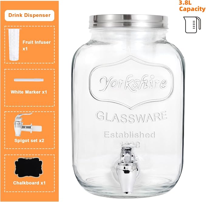 Drink Dispenser With Spigot,1 Gallon Glass Drink Dispensers For Parties,Beverage Dispenser with Fruit Infuser Sun Tea,Lemonade & Juice Dispenser for Parties, BBQ,Picnic,Weddings & Events