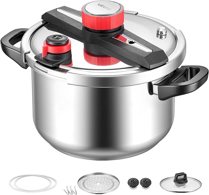 VEVOR Pressure Cooker, 10Qt Pressure Cooker Stainless Steel, Pressures Canner with Steaming Rack, Tempered Glass Lid, Three Pressures Settings for Meat, Beans, Rice, Soup, Sauces, Cook up to 100 kPa