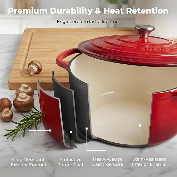 Zulay Kitchen 5 Quart Enameled Cast Iron Dutch Oven Pot with Lid – Premium Durability & Oven Safe up to 500°F – Heavy Duty Cookware Perfect for Bread Baking, Stews, Braising & Roasting – Ablaze Red