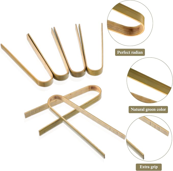 150 Pieces Mini Bamboo Disposable Tongs 4 Inch Bamboo Toast Tong Wooden Cooking Utensils Natural Green for Catering Buffet Home Use Tea Supplies
