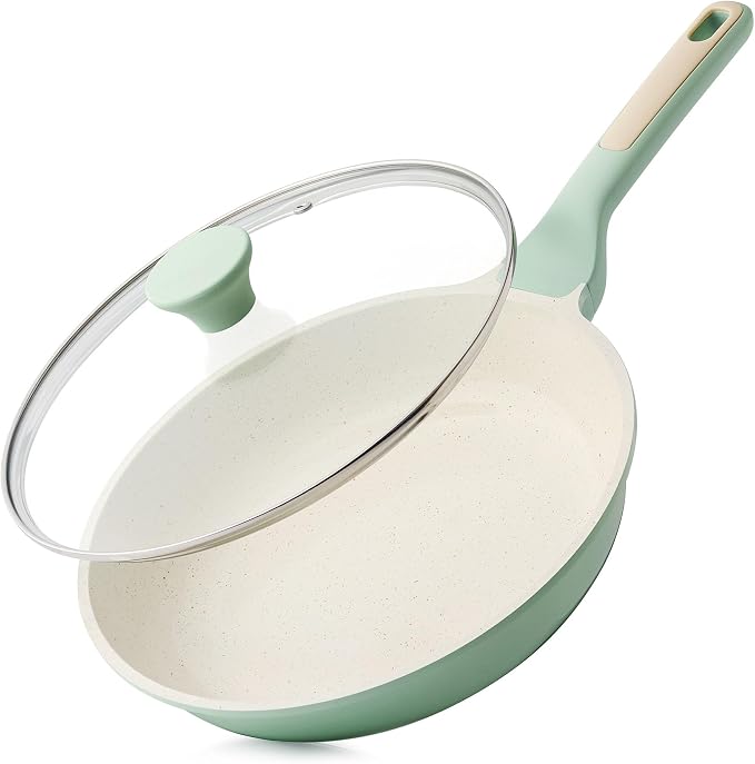 SENSARTE 9.5In Nonstick Ceramic Frying Pan with Lid, PFAS/PTFE Free, Green | Ceramic Omelette Pan Skillet, Healthy Non-toxic Chef's Pan, Induction Compatible Pan, Heat Resistant Handle