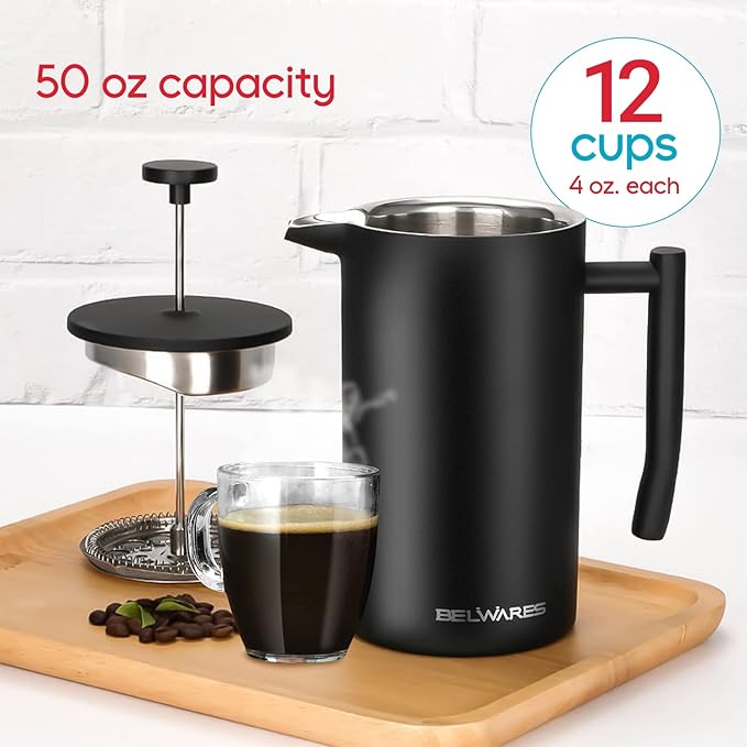 Large French Press Coffee Maker 50oz, 304-Grade Stainless Steel, Insulated | Double-Wall Coffee Press Keeps Hot, 4-Level Filter Blocks Grounds, Rust-Proof, 2 Extra Filters, Cold Brew, Matte Black (1.5L)