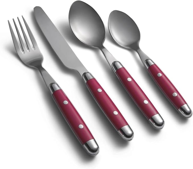 Cambridge Jubilee Red 16-Piece 18/0 Silverware Set for 4, Flatware | red, dishwasher safe | includes knives, forks, and spoons | heavy duty, cutlery set for kitchen and dining, utensil set