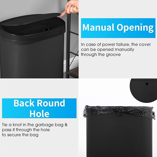 BestOffice | 13 Gallon Plastic Trash Can with Lid | Black | Automatic Touchless Garbage Can | Odor Control | Modern Oval Design | Easy to Clean | For Kitchen, Bathroom, Office or Home