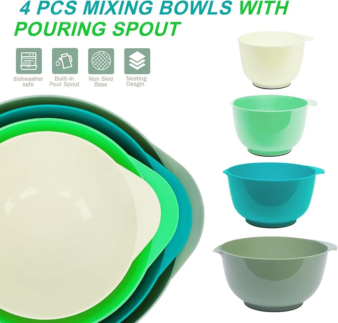 BoxedHome Classic Mixing Bowl Set, Microwave Safe, 3.5 quarts (Army Green) | BPA-Free Plastic,Dishwasher Safe,4-Piece (1.7, 2.5,3.5 & 4.5 Qt),Nesting Bowls for kitchen Baking,Salads,Meal Prep,RV,Camping