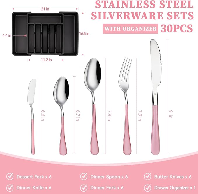 30 Pieces Silverware Set with Organizer, Stainless Steel Cutlery Set Flatware Set for 6 Person, Tableware Set Includes Dinner Knives Forks Spoons Teaspoons Butter Knives (PinK Silver-30PCS)