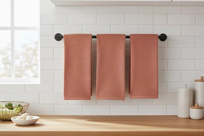 Peach Coral Salmon Kitchen Dish Towels, Set of 3, 100% Cotton, 18" x 28" | Terry Loop Ribbed Textured, Soft & Absorbent Cleaning Cloth, Quick Dry, Multipurpose for Everyday Use