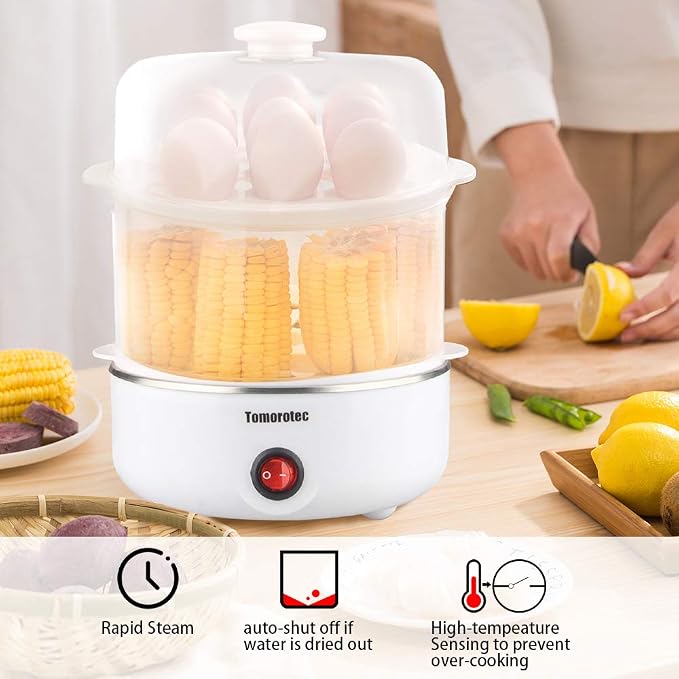 Tomorotec 14 Egg Cooker, Electric Hard Boiled Egg Boiler & Poacher, Steamer | 2-Tier Auto Shut-Off, for Vegetables, Seafood & Dumplings, Stainless Steel Plate, BPA Free, See-Through Lid, Easy Clean