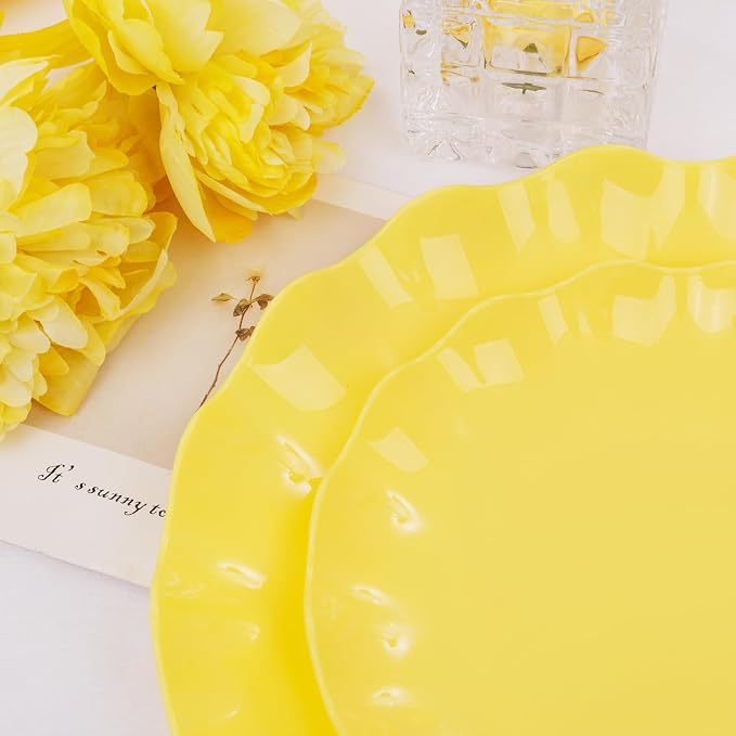 LIYH 24Pcs Yellow Plastic Plates Reusable, Dinner And Salad Set For Parties | Heavy Duty Scalloped Unbreakable Tableware, Reusable Or Disposable Style For Spring Picnics, Birthdays, Holiday Dinners